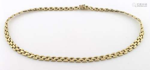 9ct yellow gold three row panther link necklace with box clasp and safety catch, weight 16.6g