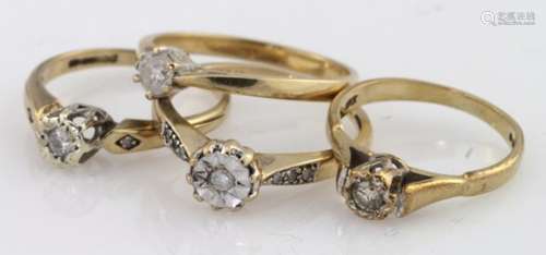 Four 9ct yellow gold diamond solitaire rings, weight 8.1g