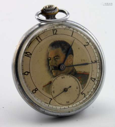 Gents stainless steel cased Russian open face pocket watch with the dial depicting an image of