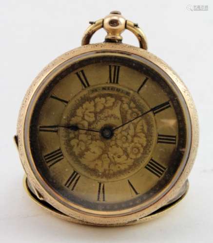 Ladies 14ct cased fob watch, the gilt dial with black roman numerals and foliage decoration.