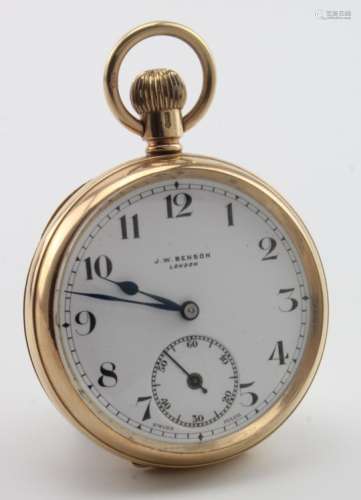 Gents 9ct cased open face pocket watch by Benson, Hallmarked London 1932. The white dial with arabic