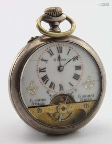 Early 20th Century, Silver cased eight day open face pocket watch, working when catalogued