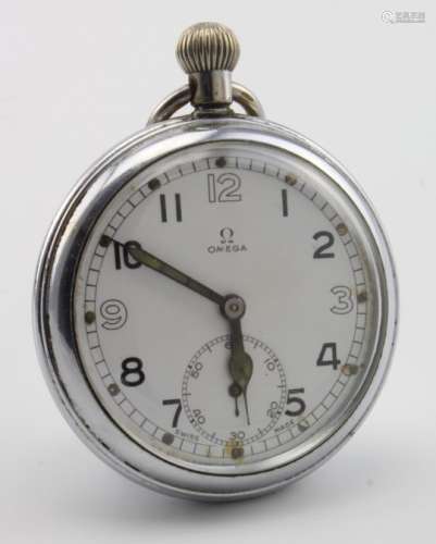 Military issue Omega open face pocket watch. The white signed dial with arabic numerals, engraved to