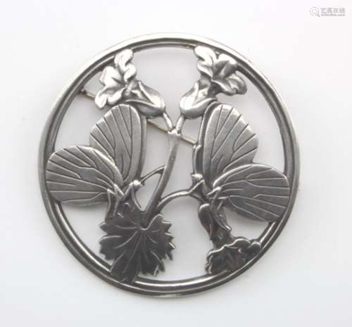 Silver Georg Jensen circular brooch (no. 283), depicting butterflies, makers marks stamped to