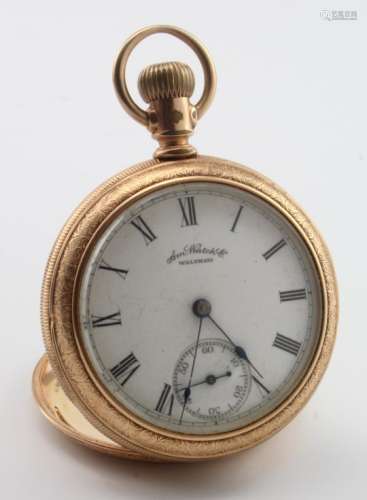 Gents gold plated open face pocket watch by Waltham circa 1888, engarved inside of case 