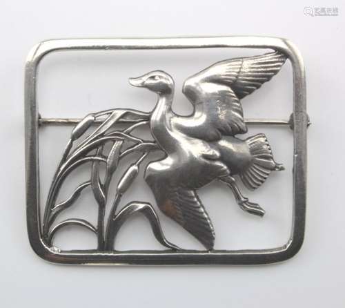 Silver Georg Jensen rectangular brooch (no. 300), depicting a duck in flight, makers marks stamped