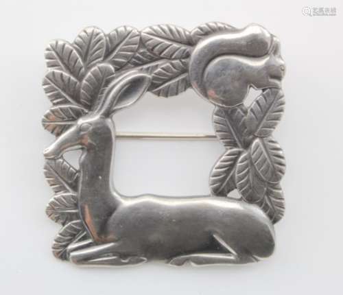 Silver Georg Jensen square brooch (no. 318), depicting a deer & squirrel, makers marks stamped to
