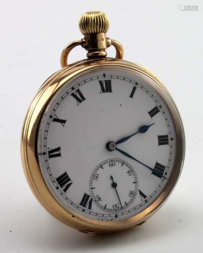 Gents 9ct cased open face pocket watch, hallmarked Birmingham 1919. The white dial with bold roman