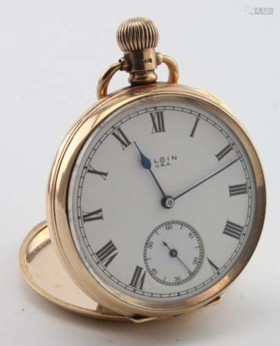 Gents 9ct cased open face pocket watch by Elgin, Hallmarked Birmingham 1919 . The white dial with