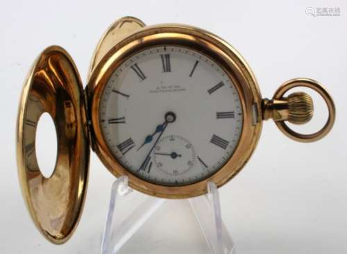 Gents gold plated half hunter pocket watch by Waltham in a Dennison case. The signed white dial with