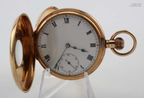 Gents 9ct cased half hunter pocket watch. The white dial with black roman numerals and subsidiary