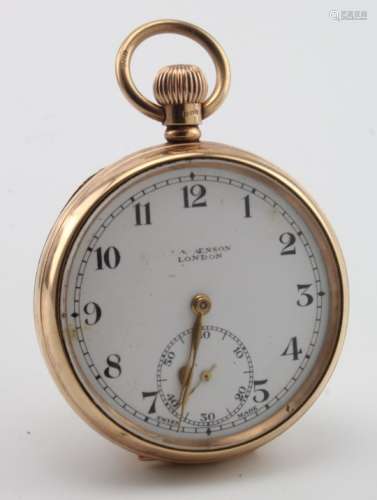 Gents 9ct cased open face pocket watch by Benson, Hallmarked Birmingham 1929. The white dial with