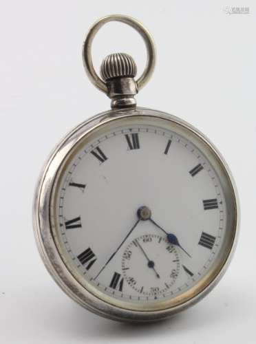 Gents Silver open face pocket watch. Hallmarked Birmingham 1918. The white dial with roman