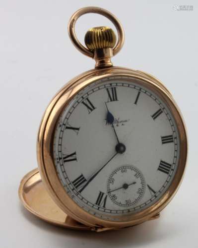 Gents 9ct cased open face pocket watch by Waltham, Hallmarked Chester 1923. The white dial with