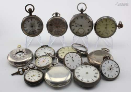 Fourteen (14) Silver cased pocket watches, various sizes. All AF
