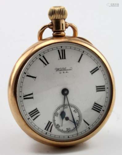 Gents 9ct gold cased open face pocket watch by Waltham in a Dennison case, hallmarked Birmingham