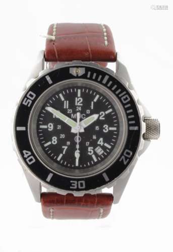 Gents military style stainless steel cased MWC wristwatch, the black dial with Arabic numerals,