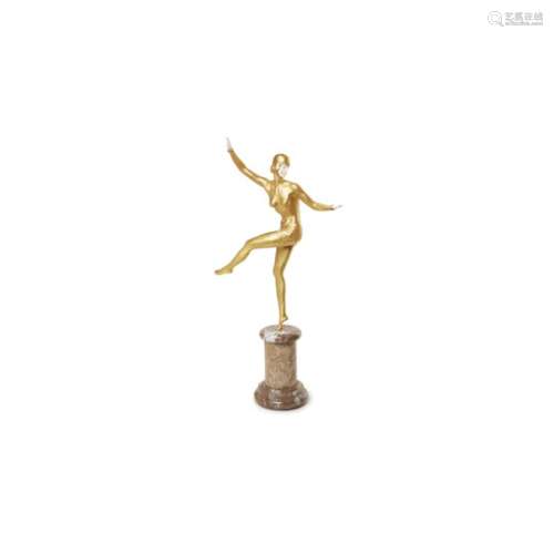 Bailarina. Escultura criselefantina estilo Art Deco en bronce dorado y marfil.