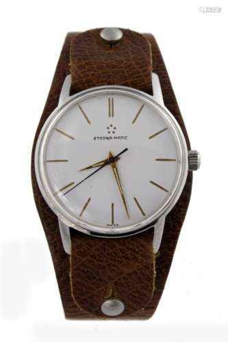 Gents stainless steel cased Eterna-matic wristwatch. The white dial with gilt baton markers. On an