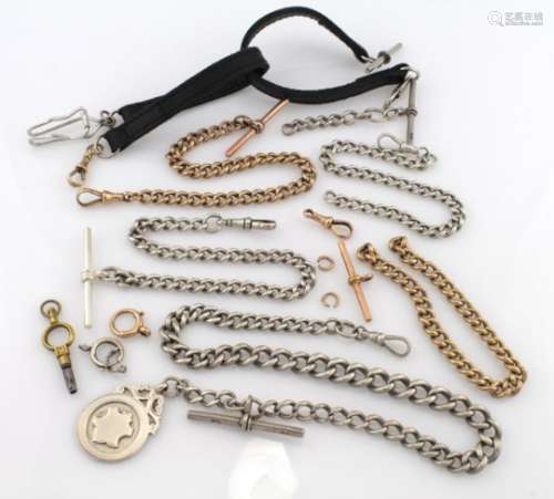 Assortment of broken 9ct / silver pocket watch chains / T bars.