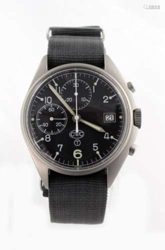 CWC British Military issue chronograph stainless steel gents wristwatch. The signed black dial