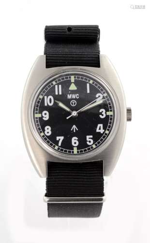 MWC British Military issue stainless steel gents wristwatch. The signed black dial with circled T,