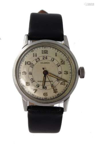 Gents stainless steel cased manual wind wristwatch by Helbros. The light silver dial with dual