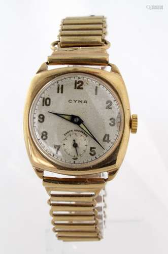 Gents Cyma 9ct cased wristwatch, hallmarked Birmingham 1951. On a 9ct plated bracelet, watch working