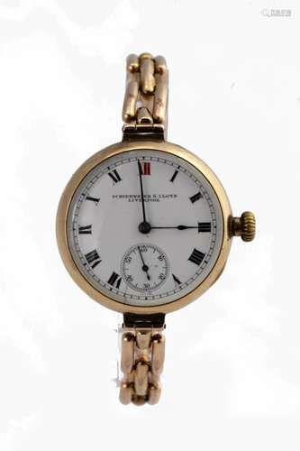 9ct gold cased mid-size wristwatch by Schierwater & Lloyd Liverpool, hallmarked 1922, on an