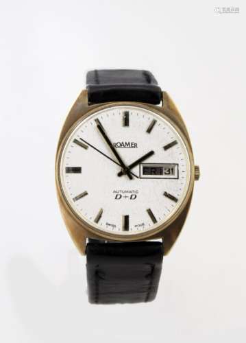 Gents 9ct cased automatic wristwatch by Roamer. The dial with gilt baton markers and day/date