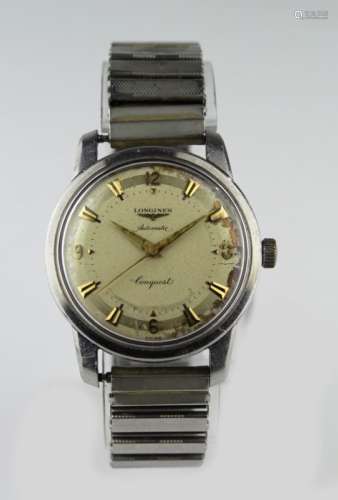 Gents stainless steel cased Longines Conquest automatic wristwatch, some slight discoloration to the