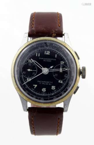 Gents chronograph wristwatch. The blue dial signed Chronograph Suisse with arabic numerals and two