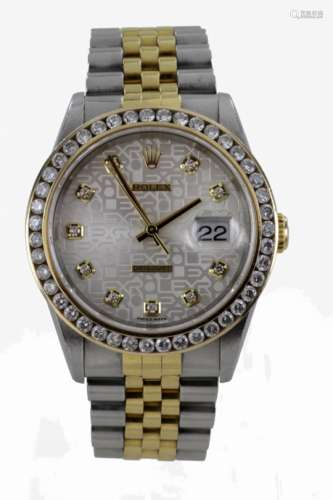 Gents Steel and Gold Rolex Datejust watch with custom diamond channel set bezel & dial, working when