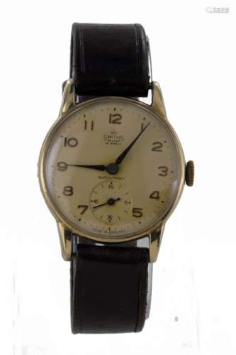 Gents Smiths Deluxe 9ct Gold wristwatch, on a leather strap, long servie inscription to reverse,