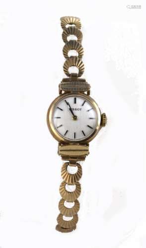 Ladies 9ct cased Tissot wristwatch hallmarked London 1966. The silvered dial with gilt baton