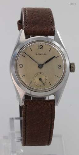 Gents 1940s stainless steel Leonidas wristwatch on a later leather strap, working when catalogued