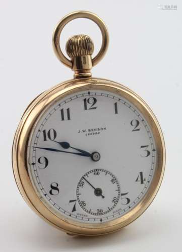 Gents 9ct cased open face pocket watch by Benson, Hallmarked London 1932. The white dial with arabic