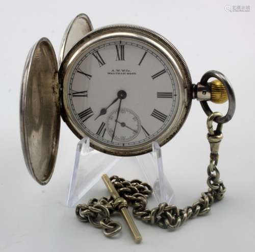 Gents silver full hunter pocket watch by Waltham, hallmarked Birmingham 1899. The white dial with