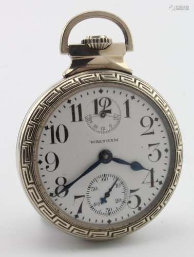 Waltham 14kt white gold filled pocket watch, the white dial with arabic numerals and and