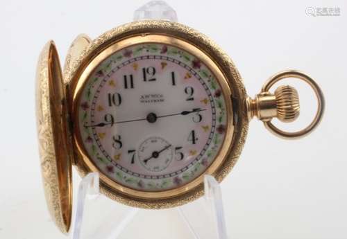 14ct gold cased mid-size full hunter pocket watch by Waltham circa 1892. The multi coloured enamel