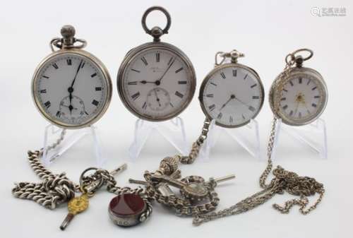 Four silver cased pocket watches, various sizes along with chains, fob, key etc.