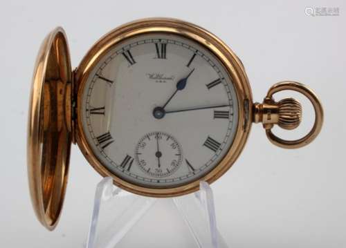 Gents 9ct cased full hunter pocket watch by Waltham, Hallmarked Birmingham 1921. The white dial with