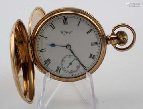 Gents 9ct cased full hunter pocket watch by Waltham, Hallmarked Birmingham 1920. The white dial with