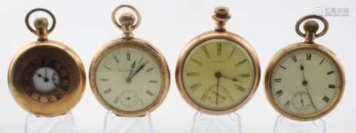 Four gents gold plated / filled pocket watches, makes inclue Waltham & Elgin. All AF