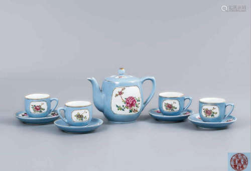20世纪50年代 天青釉开窗花卉纹茶具套组（9 头）