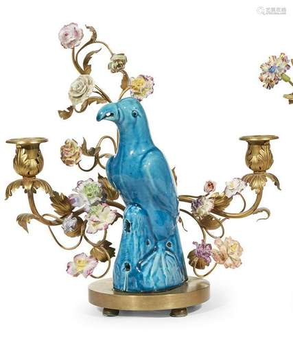 A Vincennes style turquoise-glazed parrot-form sconce,