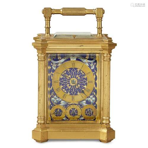 A French enamel and brass small carriage clock,