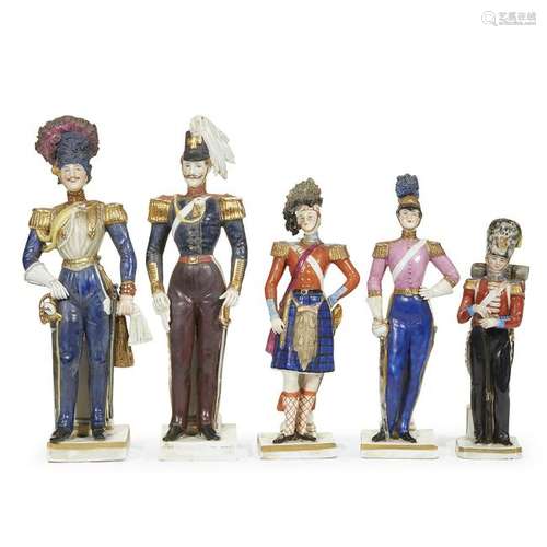 A group of five Dresden porcelain figures of soldiers,