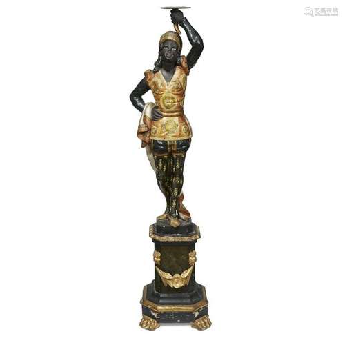 A Venetian polychromed figural torchère on pedestal,