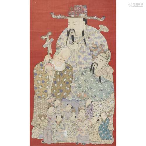 A large Chinese embroidered silk panel, Three Star Gods